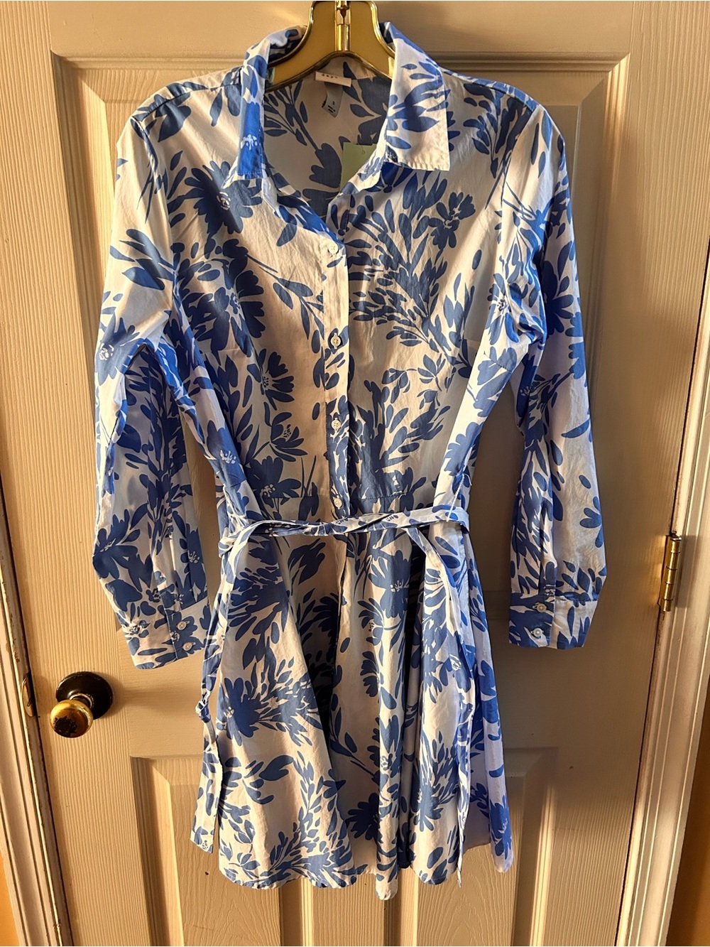 a new day Blue and White Floral Long-Sleeve Shirt Dress with Tie Belt